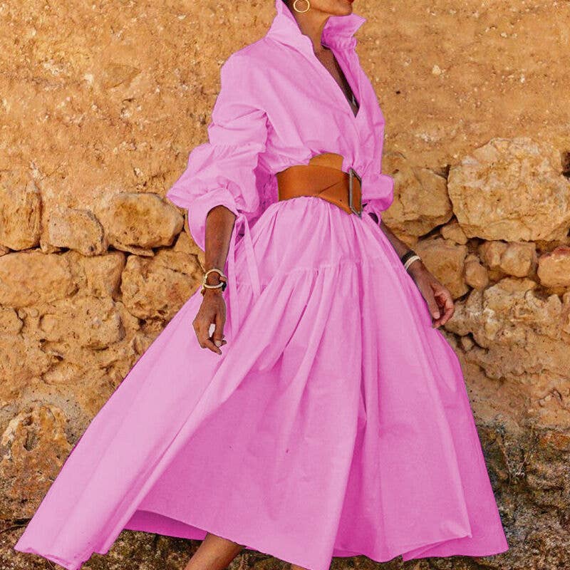 Fashion Lapel Long Sleeve Casual Midi Shirtdress