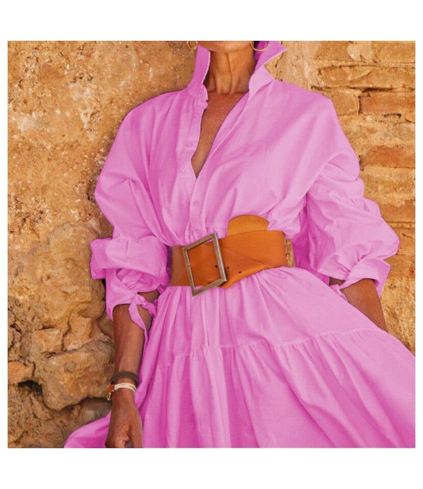 Fashion Lapel Long Sleeve Casual Midi Shirtdress
