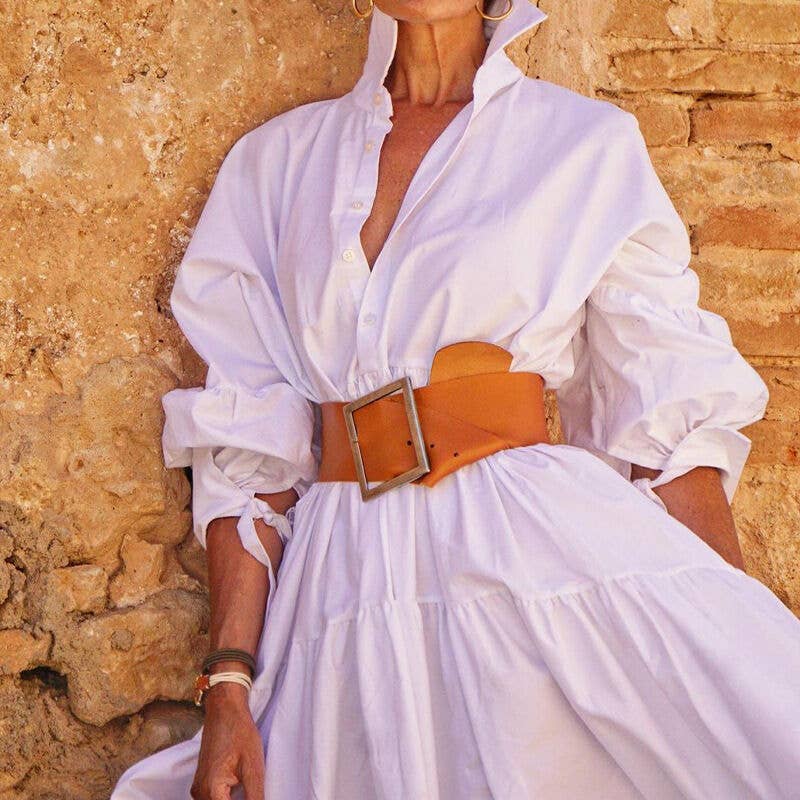 Fashion Lapel Long Sleeve Casual Midi Shirtdress
