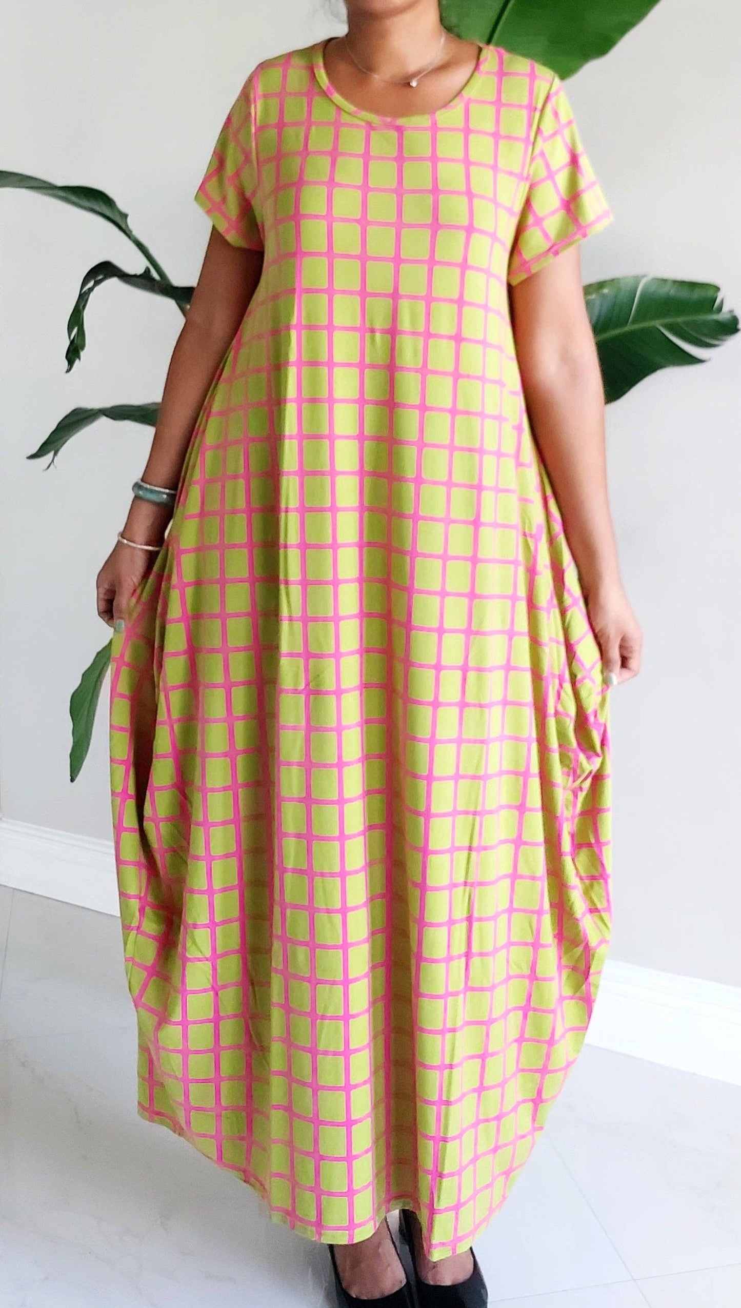 Bubble  Dress / Checkerd Pattern/Pink/ Green 20001