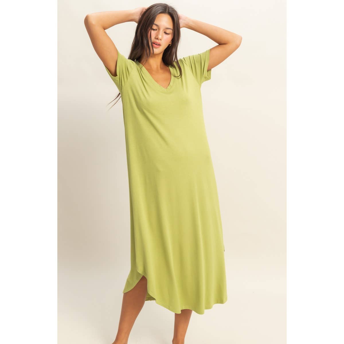 DZ23C955-V-Neck Short Sleeve Midi Dress