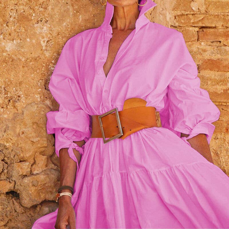 Fashion Lapel Long Sleeve Casual Midi Shirtdress