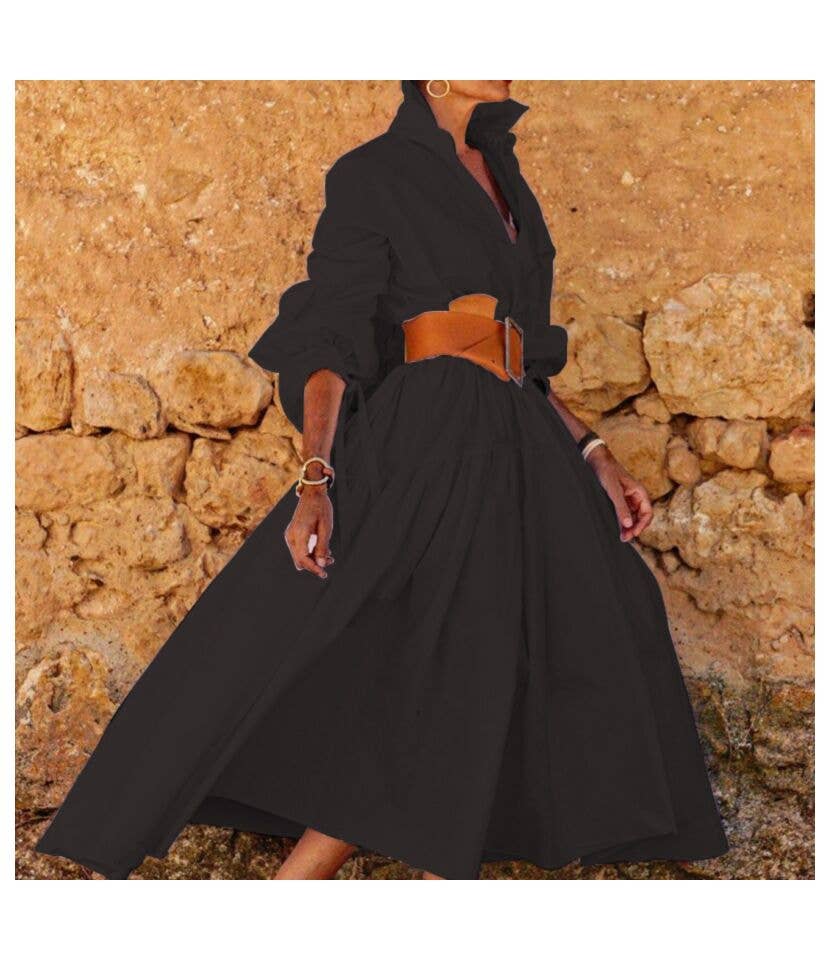Fashion Lapel Long Sleeve Casual Midi Shirtdress