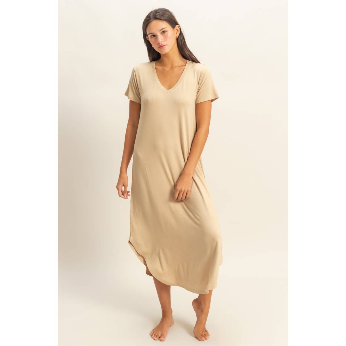 DZ23C955-V-Neck Short Sleeve Midi Dress