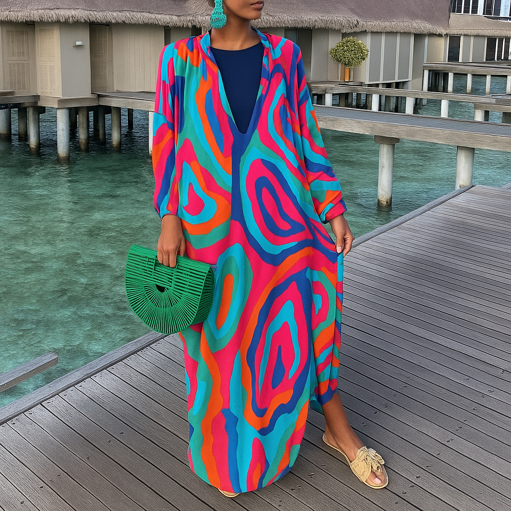Women Bohemian Elegant Vintage Long Sleeve Button Loose Big V Neck Dress