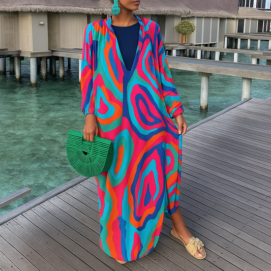 Women Bohemian Elegant Vintage Long Sleeve Button Loose Big V Neck Dress