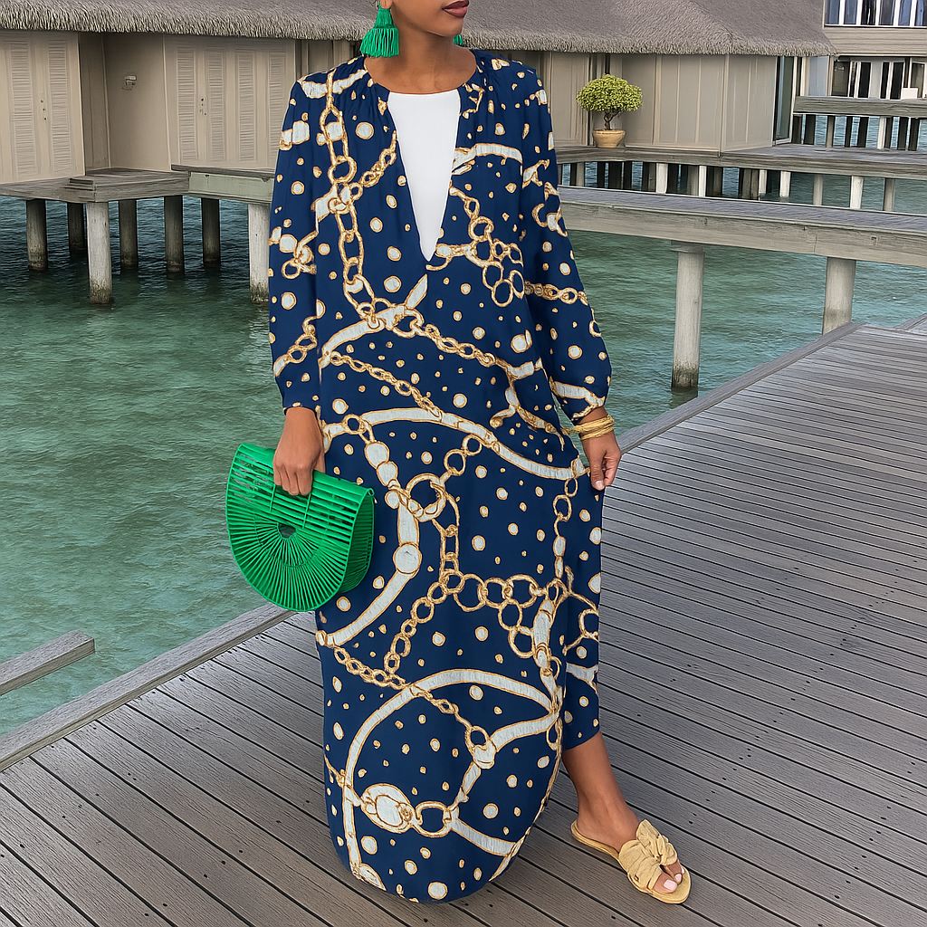 Women Bohemian Elegant Vintage Long Sleeve Button Loose Big V Neck Dress