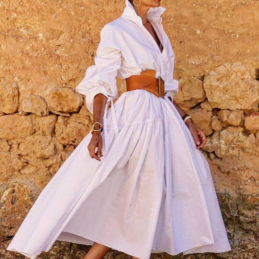 Fashion Lapel Long Sleeve Casual Midi Shirtdress