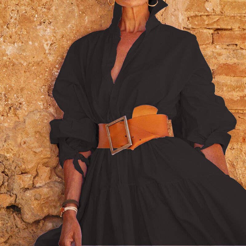 Fashion Lapel Long Sleeve Casual Midi Shirtdress