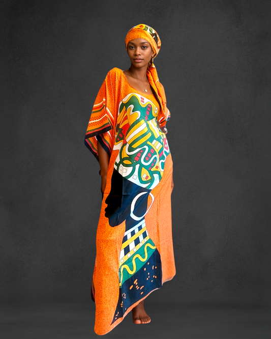 Kaftan Dress /Ethnic Print Orange- 005