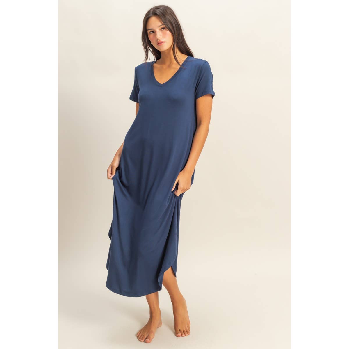 DZ23C955-V-Neck Short Sleeve Midi Dress