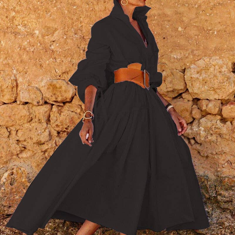 Fashion Lapel Long Sleeve Casual Midi Shirtdress
