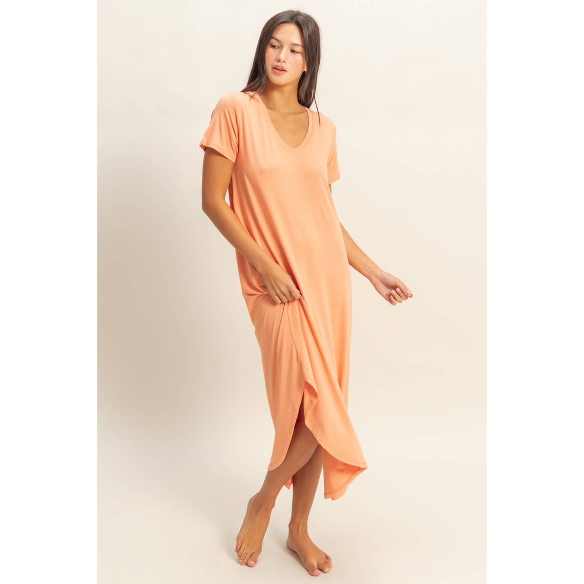 DZ23C955-V-Neck Short Sleeve Midi Dress