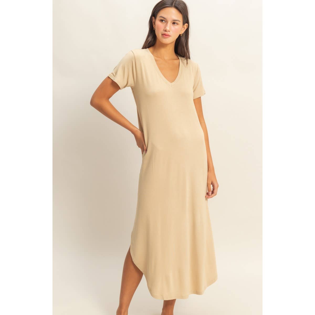DZ23C955-V-Neck Short Sleeve Midi Dress