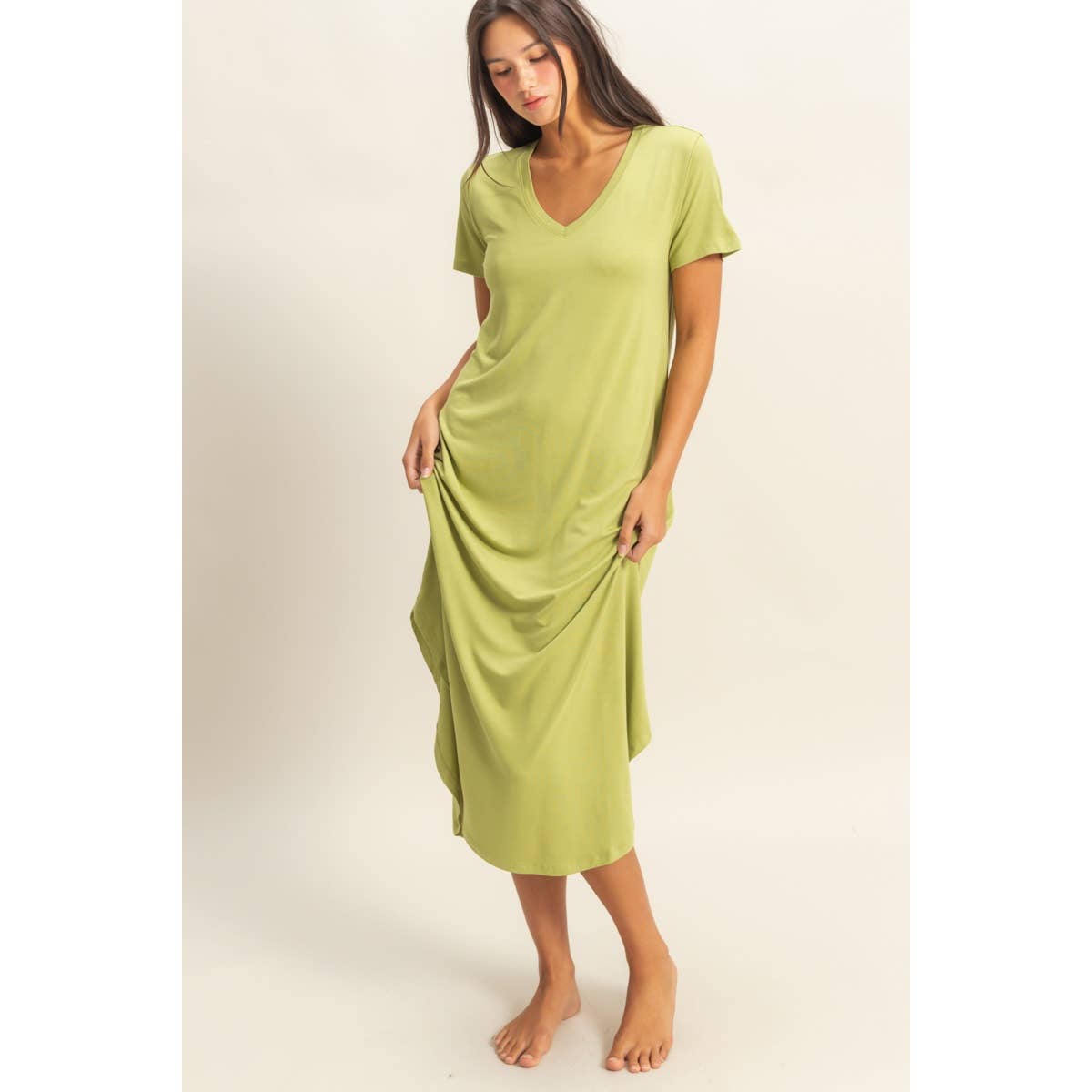 DZ23C955-V-Neck Short Sleeve Midi Dress