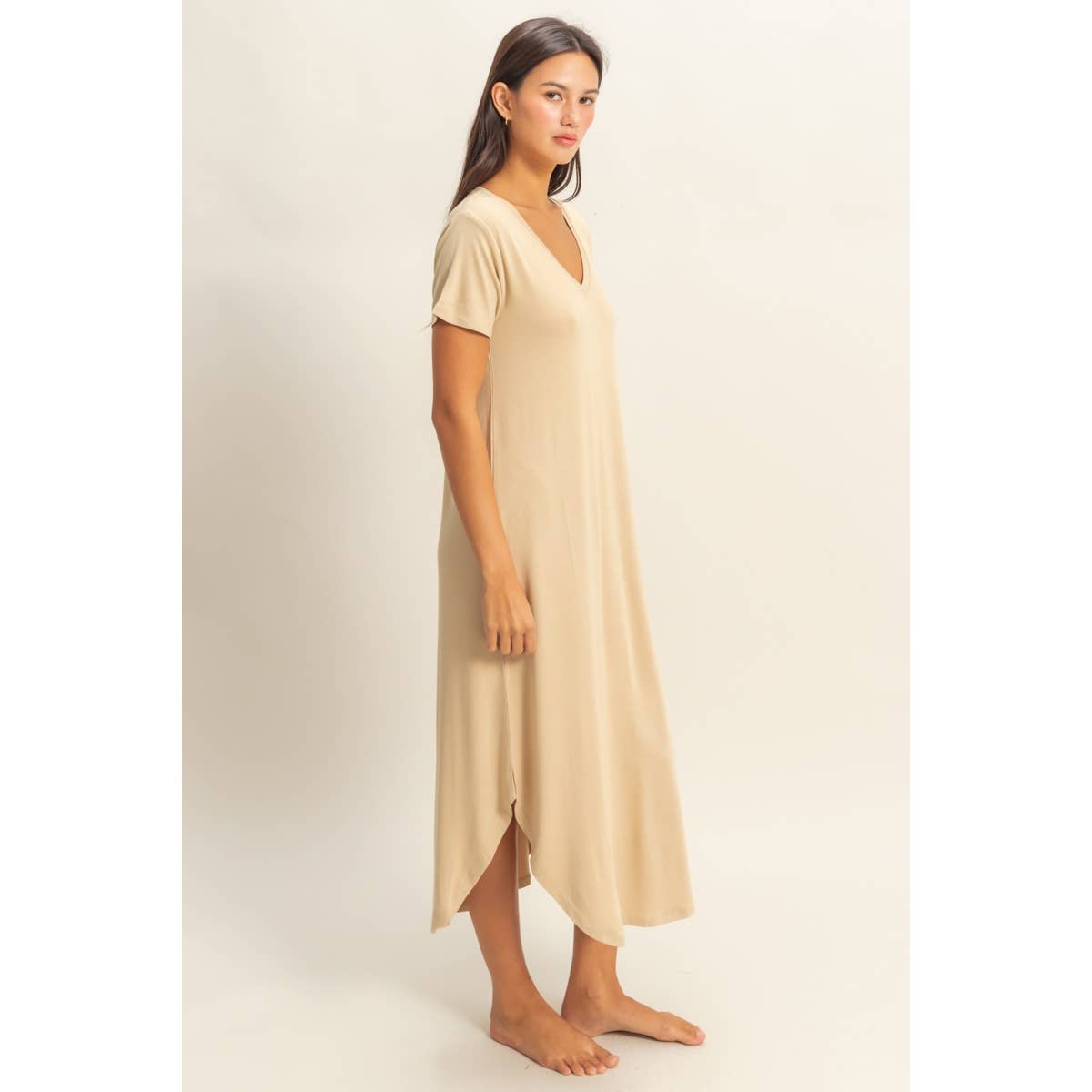 DZ23C955-V-Neck Short Sleeve Midi Dress